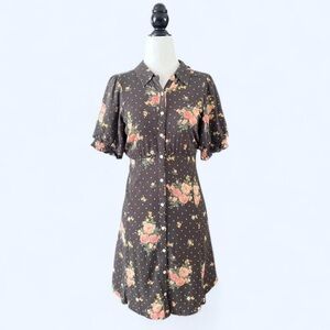 American Eagle Grey Floral Polka Dot Cottagecore Whimsy Twee Button Up Dress